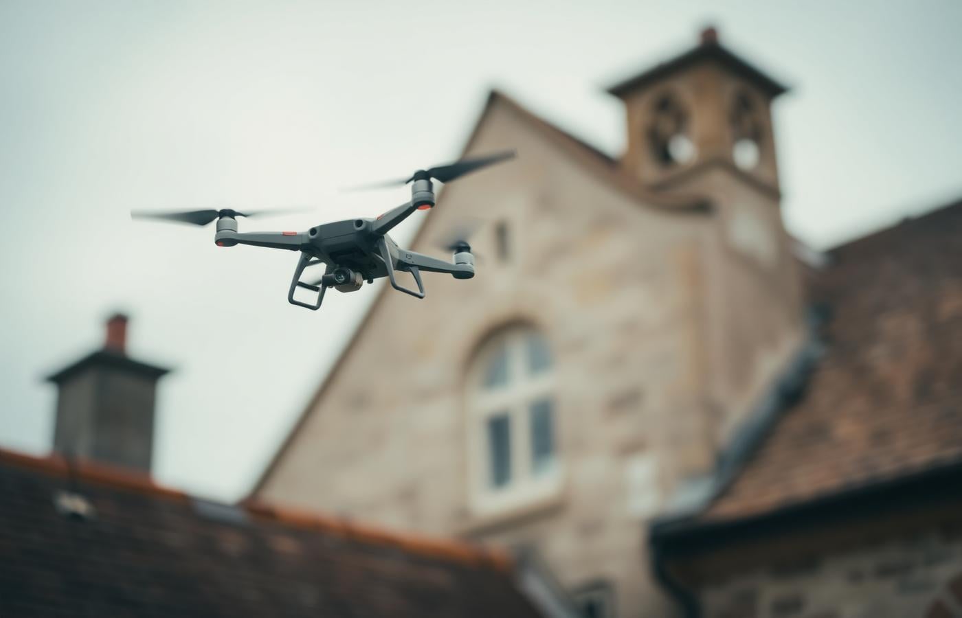 Survey drone flying close to the roofline of a historic house
